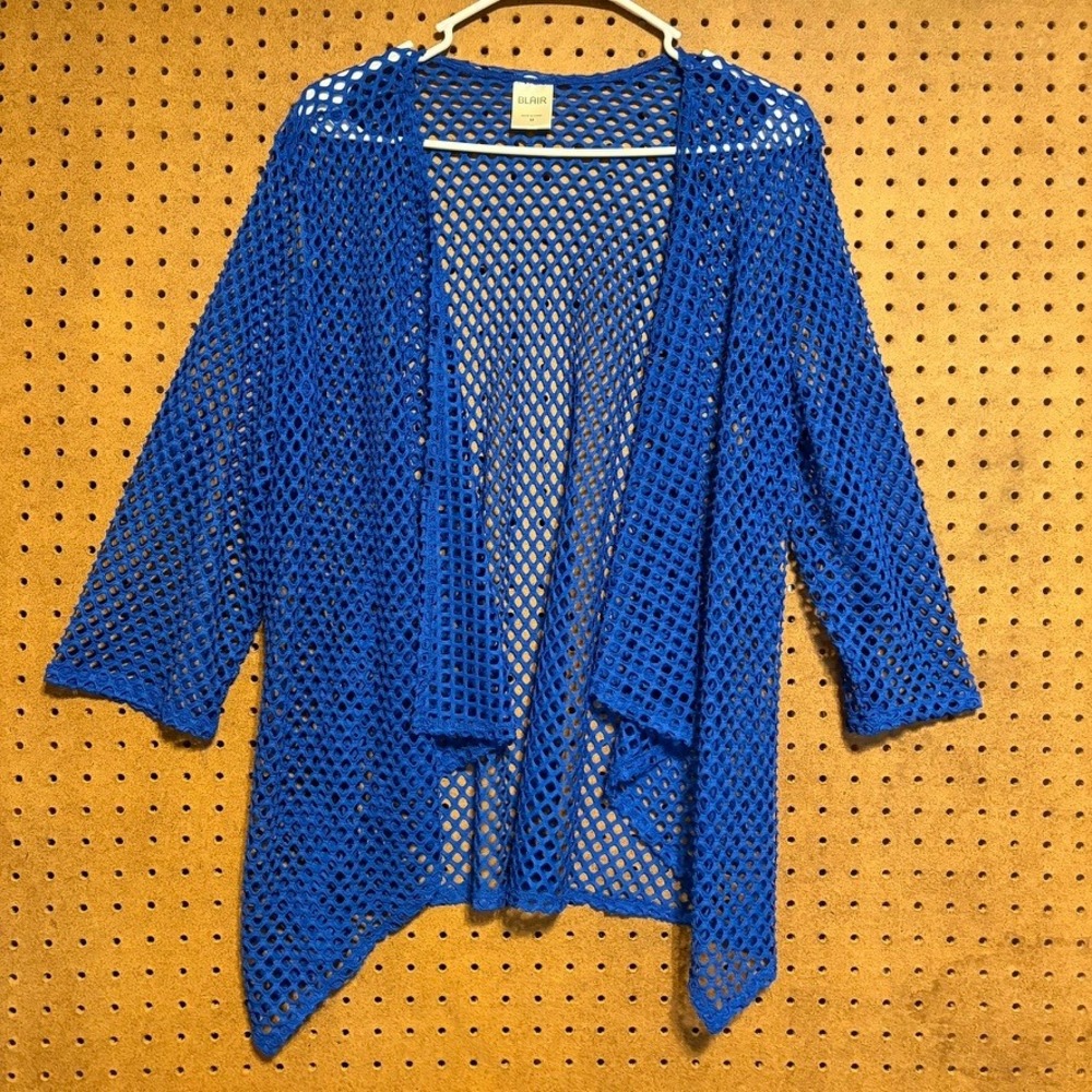 Blair Cardigan M Blue Fishnet Crochet Open Front 3/4 Sleeve Mesh Boho Layering
